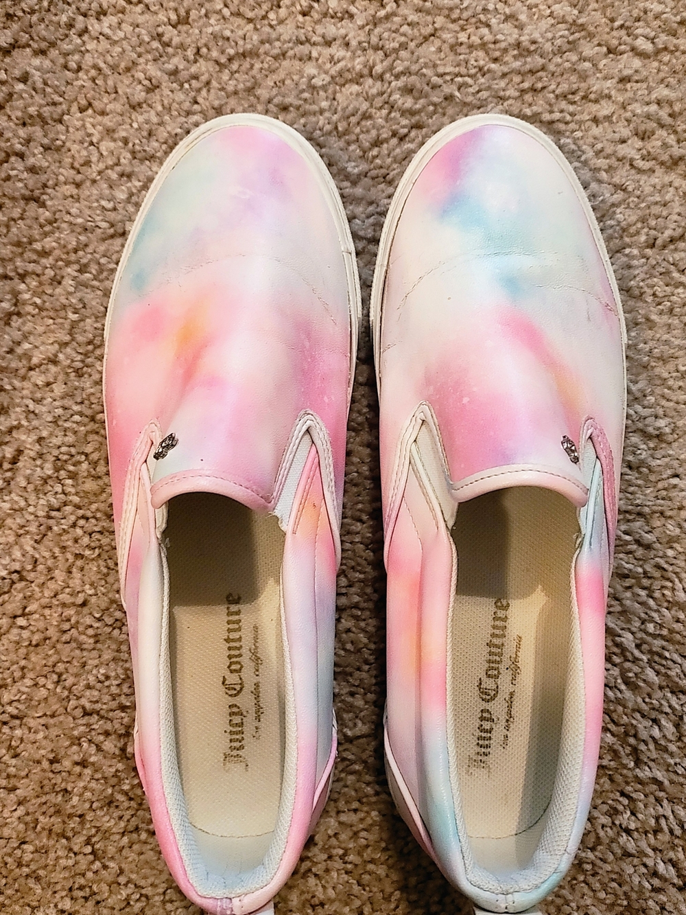 Juicy Couture Pastel Tie-Dye Slip-On Sneakers — Pink, Blue, Cream Accents